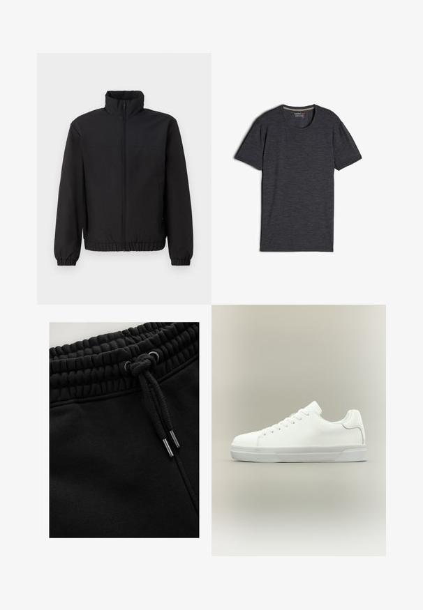 Chaqueta negra con un cuello alto, cremallera en el frente, puños elásticos y cinturilla. Textura suave, diseño simple sin patrones ni acentos.; Camiseta de manga corta de color negro con hebras de lana merino, que presenta un cuello redondo y una tela suave, con una ligera textura.; Pantalones de chándal negros con una cinturilla elástica texturizada con cordón, extremos de metal en los lazos y un acabado de tela suave.; Zapatilla blanca de corte bajo con cierre de cordones, cuello acolchado y suela de goma texturizada, mostrada de perfil sobre un fondo neutro.