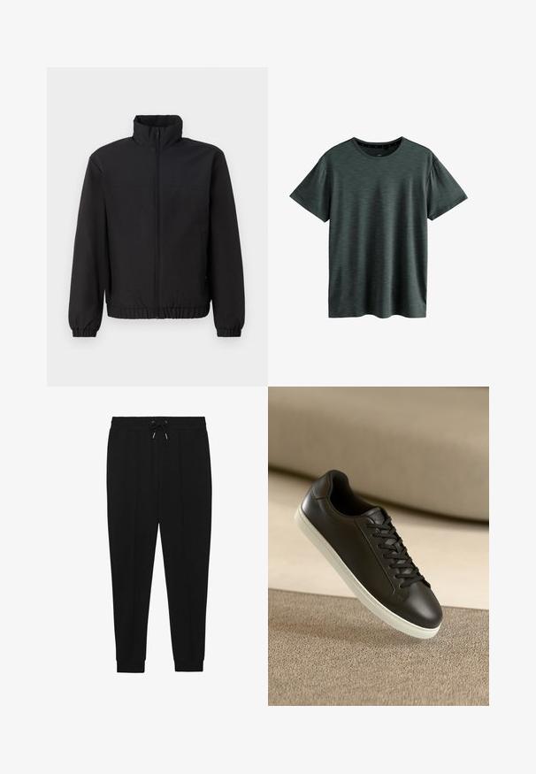 Chaqueta negra con un cuello alto, cremallera en el frente, puños elásticos y cinturilla. Textura suave, diseño simple sin patrones ni acentos.; Camiseta gris oscuro hecha de un tejido suave y texturizado. Presenta un clásico cuello redondo y mangas cortas con un sutil patrón. Sin logotipos visibles.; Pantalones deportivos negros con cintura ajustable, piernas ajustadas y puños acanalados. Hechos de una tela suave con una textura lisa.; Zapatilla de cuero negra con suela de goma blanca y cordones negros, posicionada sobre una superficie y fondo de tela beige.