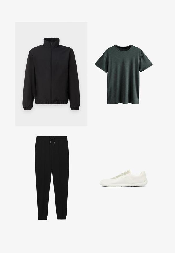 Schwarze Jacke mit hohem Kragen, vorderem Reißverschluss, elastischen Manschetten und Bund. Glatte Textur, einfaches Design ohne Muster oder Akzente.; Dunkelgraues T-Shirt aus weichem, strukturiertem Stoff. Verfügt über einen klassischen Rundhalsausschnitt und kurze Ärmel mit einem dezenten Muster. Keine sichtbaren Logos.; Schwarze Sporthosen mit Kordelzugbund, schmal zulaufenden Beinen und gerippten Bündchen. Hergestellt aus einem weichen Stoff mit glatter Textur.; Minimalistischer weißer Low-Top-Sneaker mit strukturiertem Mesh-Gewebe, weißer Sohle und hellbeigem Schnürösen-Panel.