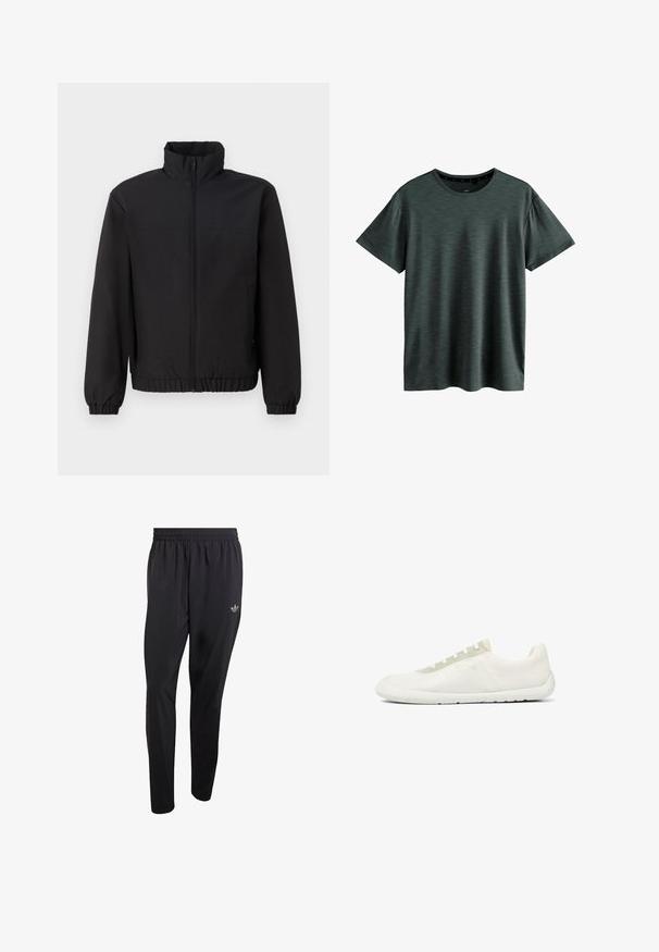 Schwarze Jacke mit hohem Kragen, vorderem Reißverschluss, elastischen Manschetten und Bund. Glatte Textur, einfaches Design ohne Muster oder Akzente.; Dunkelgraues T-Shirt aus weichem, strukturiertem Stoff. Verfügt über einen klassischen Rundhalsausschnitt und kurze Ärmel mit einem dezenten Muster. Keine sichtbaren Logos.; Schwarze Sporthose aus leichtem Material mit elastischem Bund und einem kleinen eingeprägten Logo im oberen linken Beinbereich.; Minimalistischer weißer Low-Top-Sneaker mit strukturiertem Mesh-Gewebe, weißer Sohle und hellbeigem Schnürösen-Panel.