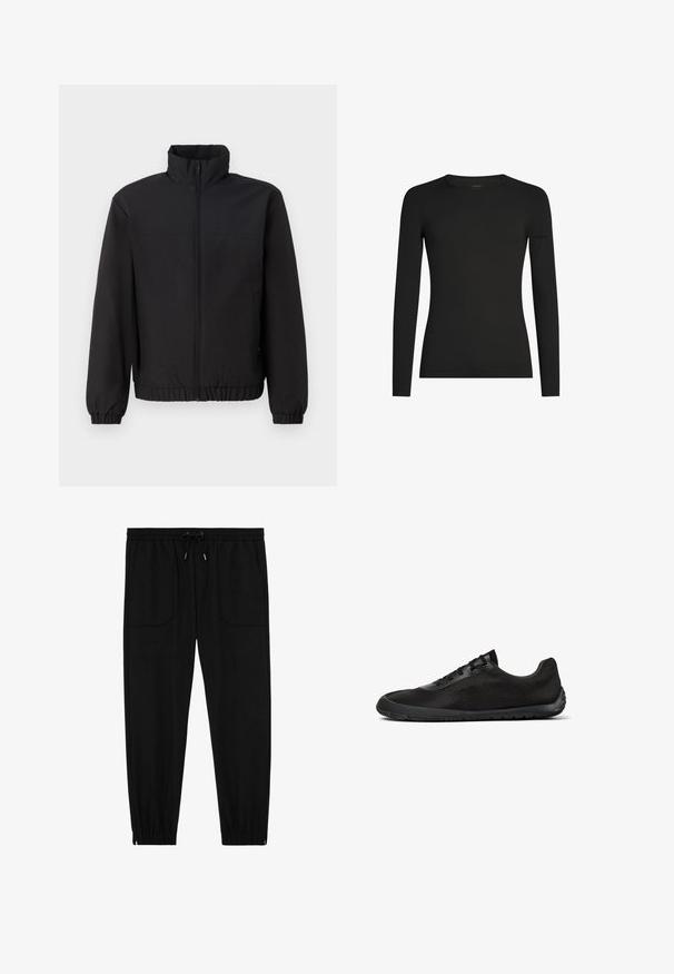 Schwarze Jacke mit hohem Kragen, vorderem Reißverschluss, elastischen Manschetten und Bund. Glatte Textur, einfaches Design ohne Muster oder Akzente.; Schwarzes, langärmeliges, figurbetontes T-Shirt mit Rundhalsausschnitt und dezentem Icebreaker-Logo auf dem linken Ärmel, dargestellt vor weißem Hintergrund.; Schwarze Jogginghosen mit elastischem Bund, Kordelzug, vorderen aufgesetzten Taschen und elastischen Bündchen vor weißem Hintergrund.; Schwarzer, flacher Sneaker mit Mesh-Obermaterial, Schnürverschluss und flexiblem Gummisohlen, von der Seite auf weißem Hintergrund gezeigt.