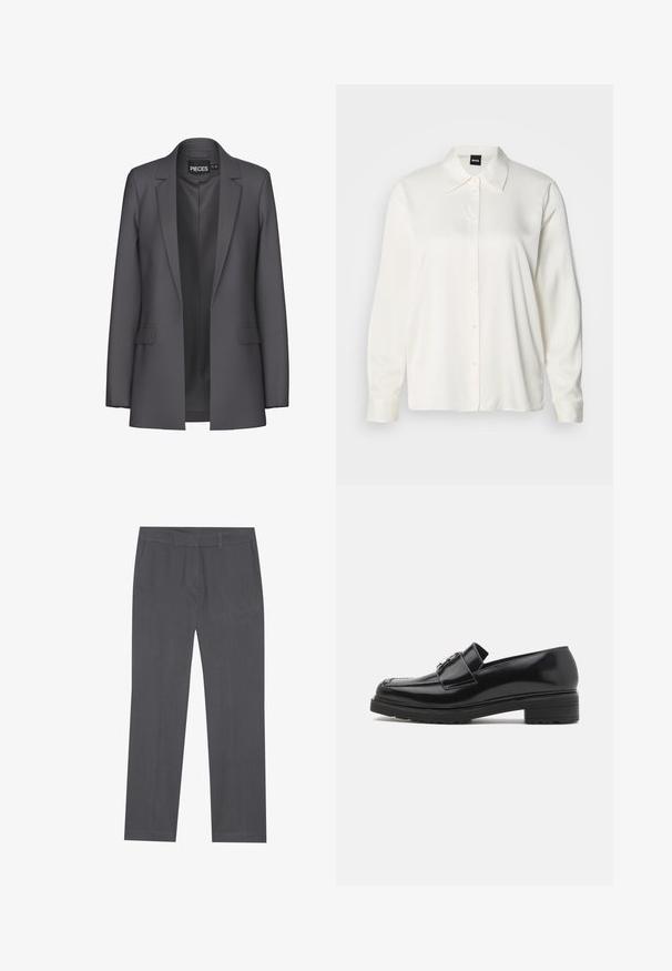 Blazer gris au design ajusté, avec des revers nets et deux poches avant. Fabriqué en tissu lisse avec une coupe moderne et épurée.; Chemise blanche à manches longues en tissu lisse, avec un col classique, une boutonnière à l'avant et des poignets boutonnés, offrant une coupe décontractée.; Pantalon gris en tissu lisse, présentant une coupe droite, des poches avant et une taille avec passants de ceinture.; Mocassins en cuir noir brillant avec un petit talon carré, bout cousu et détail de boucle en métal sur le dessus, présentés en vue de profil sur fond blanc.