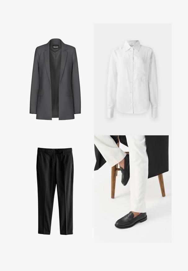 Grå blazer med skræddersyet design, skarpe revers og to frontlommer. Lavet af glat stof med en ren, moderne pasform.; Hvid langærmet skjorte med knaplukning, lavet af glat stof, har en spids krave, brystlomme og knappede manchetter for et skræddersyet look.; Next TAILORED SLIM - Bukser - black; Person iført sorte læder loafers og hvide bukser, siddende på en træskammel mod en hvid baggrund.