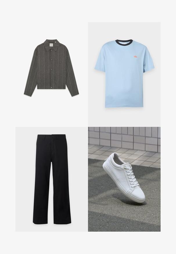 Veste-chemise pour homme à manches longues, en tissu gris à carreaux, avec boutons sur le devant et col. Coupe ajustée avec un motif à carreaux subtil.; T-shirt bleu clair à manches courtes avec col noir et petit logo crocodile orange sur la poitrine gauche, sur fond blanc.; Pantalon noir à jambes larges avec fermeture à boutons devant et passants pour ceinture, présenté à plat sur un fond clair.; Baskets blanches avec une tige en cuir texturé, des lacets plats et une semelle en caoutchouc lisse. Bout légèrement arrondi et design minimaliste.