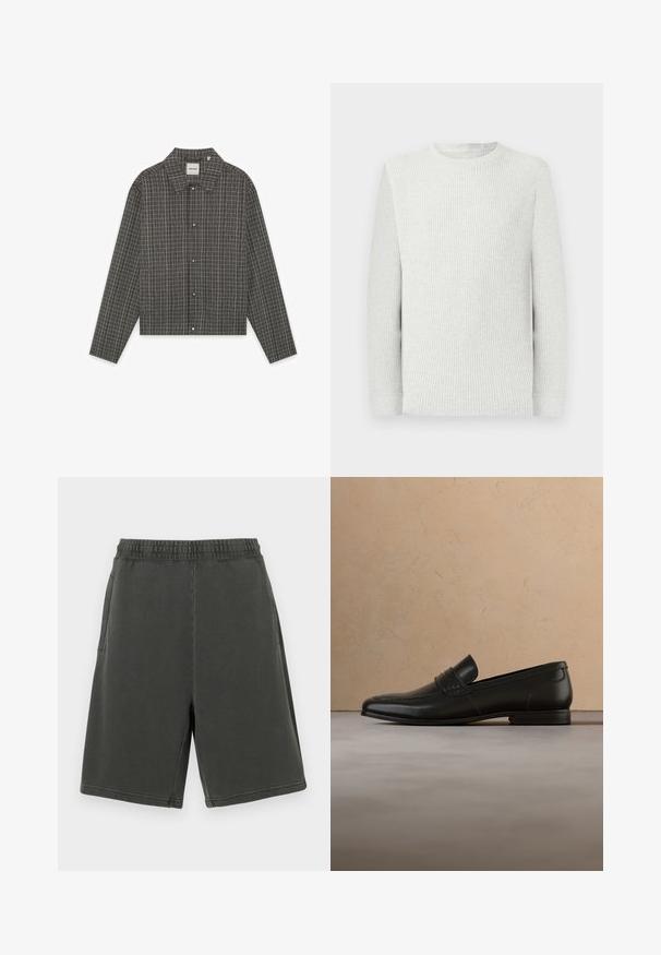 Veste-chemise pour homme à manches longues, en tissu gris à carreaux, avec boutons sur le devant et col. Coupe ajustée avec un motif à carreaux subtil.; T-shirt à manches longues, gris clair, en maille gaufrée avec col rond, poignets côtelés et tissu texturé sur un fond uni.; Shorts gris en mélange de coton avec une taille élastique, deux poches latérales et une coupe droite. Comprend des ourlets à double couture.; Mocassin en cuir noir présenté en lévitation au-dessus d'un tapis beige avec un canapé beige en arrière-plan.