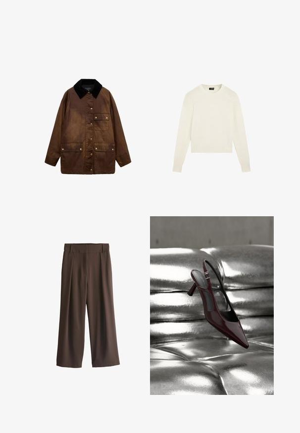 Braune gewachste Baumwolljacke mit schwarzem Cordkragen, vorderen Druckknöpfen und drei aufgesetzten Taschen mit Druckknopfverschlüssen.; Schlichter weißer Strickpullover mit langen Ärmeln, gerippten Bündchen und Saum sowie rundem Halsausschnitt, auf weißem Hintergrund präsentiert.; Braune Hose mit weitem Bein, Gürtelschlaufen, Falten vorne und einem glatten Bund, flach auf weißem Hintergrund liegend.; Glänzender, dunkelroter Slingback-Pumps mit hohem Absatz und spitz zulaufender Vorderkappe, präsentiert auf glänzendem, silbernem, gesteppter Lederoberfläche.