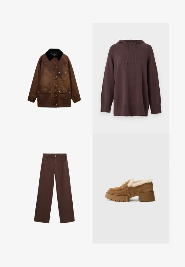 Braune gewachste Baumwolljacke mit schwarzem Cordkragen, vorderen Druckknöpfen und drei aufgesetzten Taschen mit Druckknopfverschlüssen.; Dunkelbrauner Strick-Hoodie mit langen Ärmeln, gerippten Bündchen und Saum sowie Kordeln am Kragen.; Braune, weit geschnittene Hosen aus Denim mit Knopfverschluss, Gürtelschlaufen und Fronttaschen. Glatte Textur mit gleichmäßiger Farbgebung.; Braune Veloursleder-Loafer mit Absatz, ausgestattet mit einem flauschigen Lammfellfutter, einem goldenen Akzent und einer klobigen Plateau-Sohle mit Profilmuster.