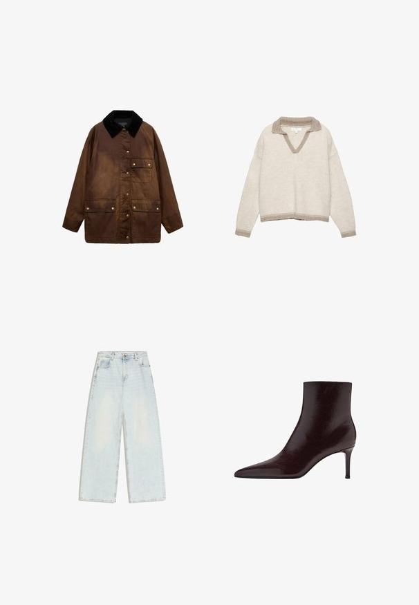Braune gewachste Baumwolljacke mit schwarzem Cordkragen, vorderen Druckknöpfen und drei aufgesetzten Taschen mit Druckknopfverschlüssen.; Hellbeiger Strickpullover mit V-Ausschnitt, geripptem Kragen und Bündchen in dunklerem Taupe. Lockerer Schnitt mit kurzem Saum.; Hellblaue Jeans mit weitem Bein aus Denim. Sie zeichnen sich durch eine hohe Taille, traditionelle Taschen und ein verblasstes Finish aus. Keine Verzierungen oder Muster.; Burgunderfarbene Leder-Stiefelette mit spitzer Zehenform, schlankem Design und hohem Stiletto-Absatz. Glatte Textur mit dezenten Maserungsdetails.