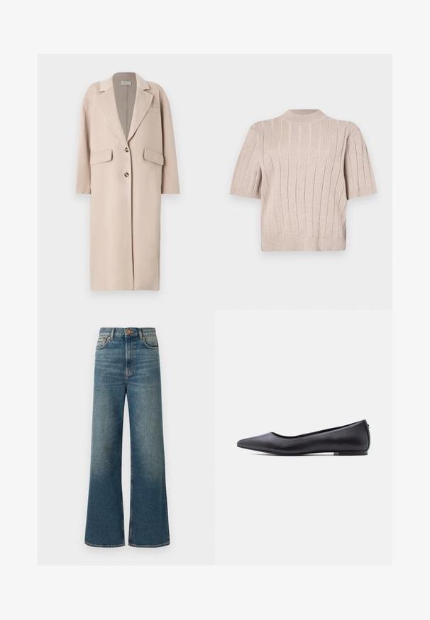 Beige uldblandingsfrakke med klapkrave, to forreste lommer, tre knapper og lige skæring, med blød tekstur og medium længde.; Kortærmet beige sweater lavet af tekstureret strik. Har lodret ribbning og en høj halsudskæring. Blødt stof med subtil glans.; Bredde ben jeans i medium blå denim, med høj talje, fem-lomme design og en subtil falmet finish. Kobberknap og syninger som detaljer.; Sort flad lædersko med spidst tåparti og lav hæl, vist i sideprofil mod en hvid baggrund.