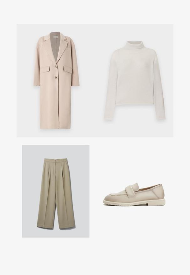 Beige uldblandingsfrakke med klapkrave, to forreste lommer, tre knapper og lige skæring, med blød tekstur og medium længde.; Lys beige turtleneck sweater med ribbet tekstur, lange ærmer og en tætsiddende silhuet. Blødt materiale med en subtil glans.; Beige bukser med brede ben, forlommer og skjult forlukning, vist på en neutral baggrund.; Beige læder loafers med en jævn tekstur, der har et forhøjet bånd over forgabreren og en lav, flad gummisål.