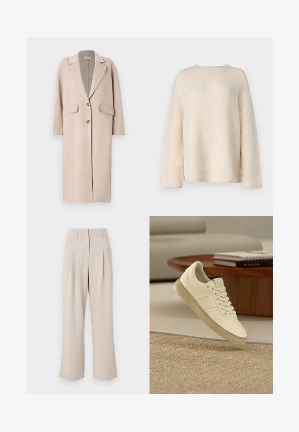 Beige uldblandingsfrakke med klapkrave, to forreste lommer, tre knapper og lige skæring, med blød tekstur og medium længde.; Selected SLFGABELLA O NECK CAMP - Striktrøje - birch; Beige viddebukser med høj talje, der har frontfolder, en glat tekstur og en skræddersyet design. Ingen synlige lommer eller udsmykninger.; Hvid lædersneaker med snøredesign, teksturerede detaljer og en gennemsigtig gummisål, vist over en vævet overflade.