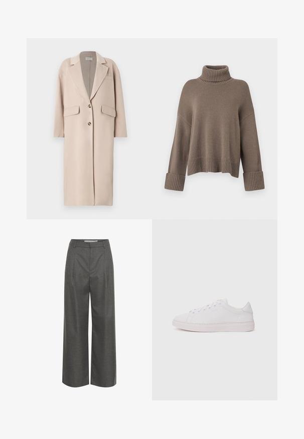 Beige uldblandingsfrakke med klapkrave, to forreste lommer, tre knapper og lige skæring, med blød tekstur og medium længde.; Taupe løst fit ribbestrikket sweater med brede manchetter og en tykk rullet høj krave.; Grå brede bukser lavet af struktureret stof, med høj talje og frontfolder, uden synlige lommer eller hardware detaljer.; Hvide sneakers med en glat læderoverdel, rund tå og flad gummisål. Har snørefunktion og et diskret logo på siden.