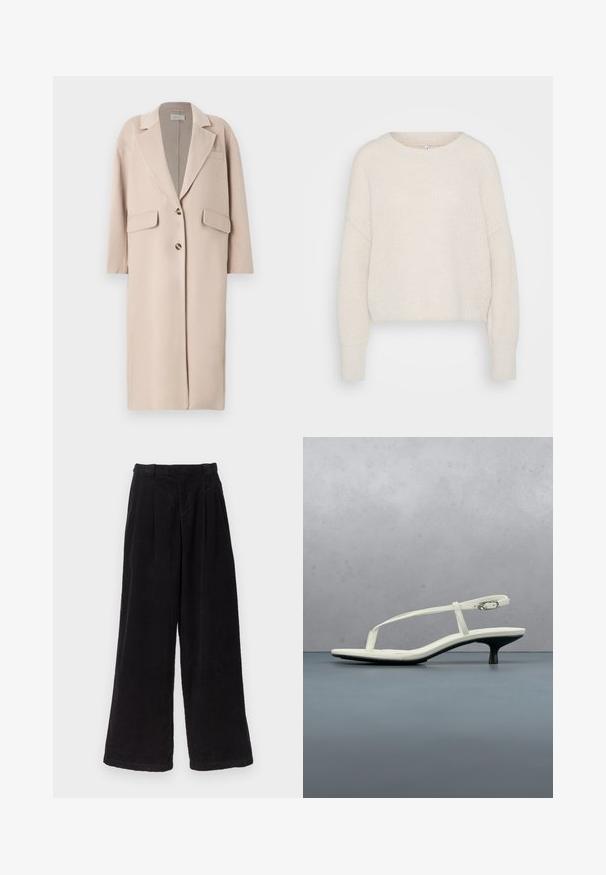 Beige uldblandingsfrakke med klapkrave, to forreste lommer, tre knapper og lige skæring, med blød tekstur og medium længde.; Creme, cropped striktrøje med rund halsudskæring, drop shoulder-søm og ribbede manchetter. Blød tekstur med løs pasform og minimalistisk design.; Sorte fløjl brede bukser med folder foran, høj talje og en glat overflade. Kanten er enkel og pæn.; Hvid sandal med stropper og kitten-hæl med spids tå, svævende over et trægulv udendørs med en sløret plante og væg i baggrunden.