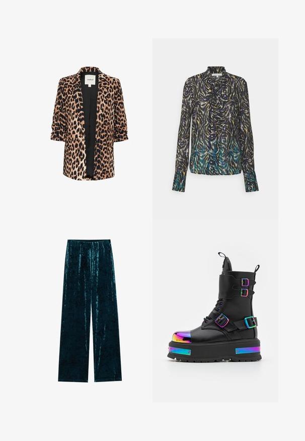 Blazer à imprimé léopard avec des manches trois-quarts, devant ouvert, doublure noire et deux poches latérales. Fabriqué dans un tissu doux et texturé.; Patrizia Pepe CAMICIA - Chemisier - dark multicolor; Pantalons larges en velours turquoise avec une texture douce, dotés d'une taille haute et d'une finition lisse. Pas de fermetures ni de motifs visibles.; Koi Footwear COSMIC FIRE METAL PLATFORM BOOTS - Bottines à lacets - black/multi-coloured