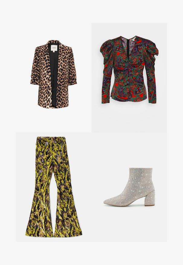 Blazer à imprimé léopard avec des manches trois-quarts, devant ouvert, doublure noire et deux poches latérales. Fabriqué dans un tissu doux et texturé.; Veronica Beard SIMMONS - Blouse - flame red multi; AKNVAS EXCLUSIVE LENNON BEADED PANT - Pantalon classique - ink citrine; Blue by Betsey Johnson Bottines - silver-coloured