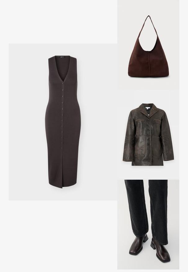 Veste en cuir marron foncé avec fermeture à boutons, deux poches poitrine passepoilées et deux grandes poches plaquées en bas, présentée sur fond blanc.; Robe en maille marron foncé sans manches avec un profond décolleté en V, fermeture à boutons sur le devant et une fente jusqu'aux genoux à l'ourlet.; Bottines en cuir marron avec un orteil carré et un talon carré, associées à un jeans noir à jambes larges. Texture lisse et design minimaliste.; Sac hobo en daim marron avec une grande ouverture courbée et une large bandoulière. Présente une couture centrée à l'avant. Texture lisse.