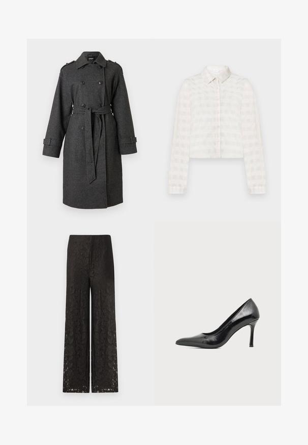 Manteau trench gris à double boutonnage avec ceinture, en tissu texturé. Caractéristiques des épaulettes aux épaules et des poignets boutonnés.; Chemise blanche à manches longues et boutonnières, avec un motif à carreaux horizontaux subtil et un col classique, présentée sur un fond uni.; Pantalons larges en dentelle noire avec un motif floral, surface texturée, taille haute et coupe ample pour le confort et le style.; Chaussure à talon haut pour femme en cuir verni noir avec bout pointu et talon fin sur fond clair uni.