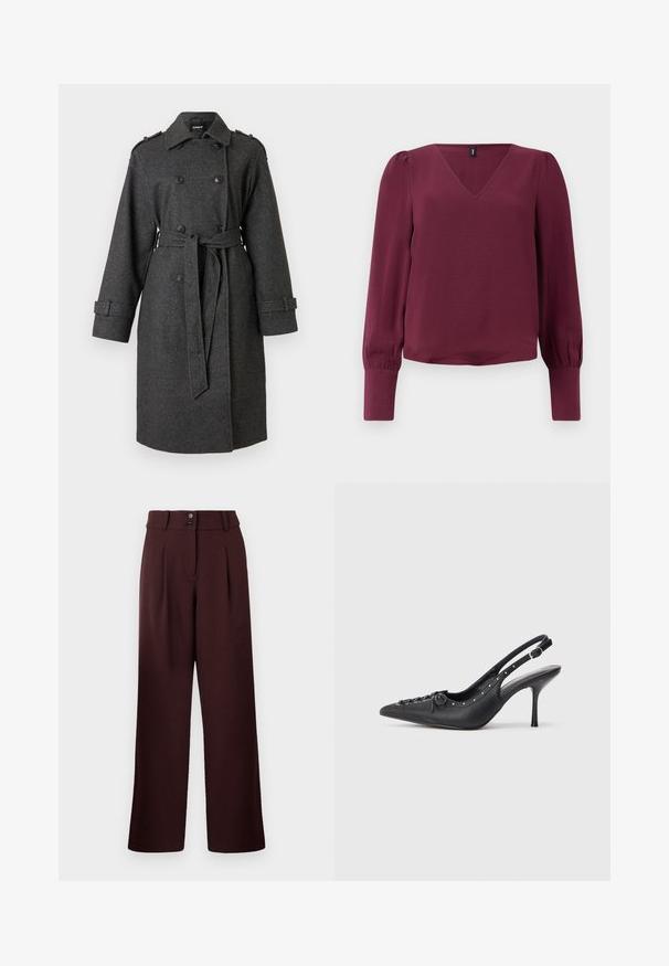 Manteau trench gris à double boutonnage avec ceinture, en tissu texturé. Caractéristiques des épaulettes aux épaules et des poignets boutonnés.; Chemisier bordeaux avec un col en V, des manches longues bouffantes et des poignets élastiques. Fabriqué en tissu léger et texturé. Design simple et moderne.; Pantalons évasés en bordeaux foncé, avec une taille haute, deux plis à l'avant et une fermeture à deux boutons. Fabriqués en tissu texturé.; Escarpin en cuir noir à talon aiguille avec un bout pointu, une bride latérale à boucle, des clous le long du bord et un laçage décoratif à l'avant.