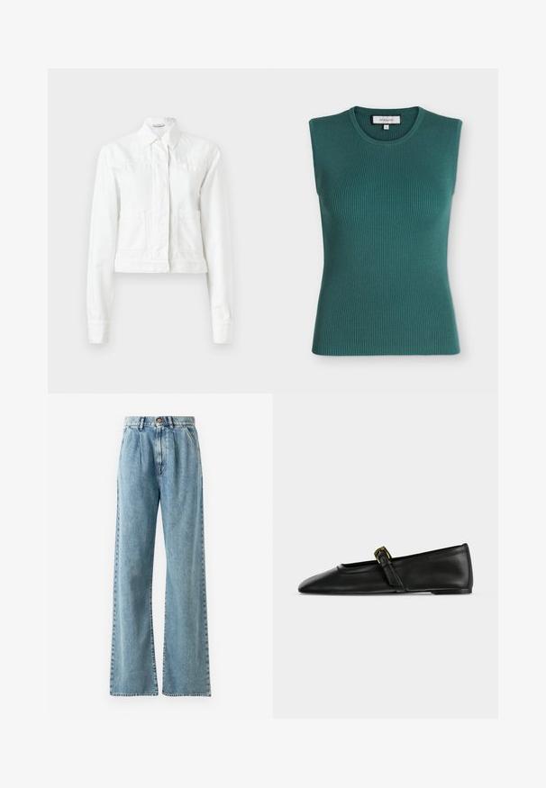 Veste courte blanche en coton, avec des manches longues, un col, deux poches avant et de subtils détails de couture.; Haut sans manches en maille côtelée couleur bleu sarcelle foncé avec un col rond et une silhouette ajustée.; Jean large taille haute bleu clair en denim, avec fermeture à bouton, plis marquants et poches cousues.; Chaussure plate Mary Jane en cuir noir à bout pointu avec une fine bride munie d'une petite boucle dorée, présentée de côté sur un fond uni.