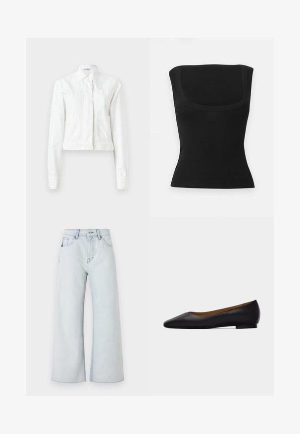 Veste courte blanche en coton, avec des manches longues, un col, deux poches avant et de subtils détails de couture.; Haut noir ajusté sans manches avec un large décolleté carré et un tissu lisse, présenté sur un fond clair uni.; Jean léger bleu clair avec une coupe large, fabriqué en denim. Comprend un style à cinq poches, des passants de ceinture et une fermeture à bouton.; Chaussure plate en cuir noir à bout pointu avec talon bas et finition lisse, vue de côté sur un fond gris clair.