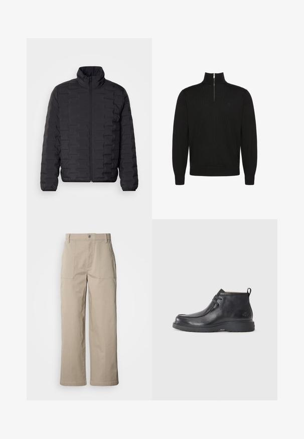 Doudoune noire avec un col haut, présentant un design matelassé et une fermeture éclair à l'avant. Matériau lisse et léger, idéal pour garder la chaleur.; Pull noir à manches longues avec fermeture éclair sur le devant jusqu'à mi-hauteur, poignets et bas côtelés, avec un petit logo discret sur la poitrine.; Pantalon beige à jambes larges en coton ; doté de poches plaquées à l'avant, d'une fermeture à bouton et de coutures visibles le long des ourlets.; Bottes noires en cuir à talon arrondi, avec un design à lacets et une languette à l'arrière. Tige texturée et semelle en caoutchouc.