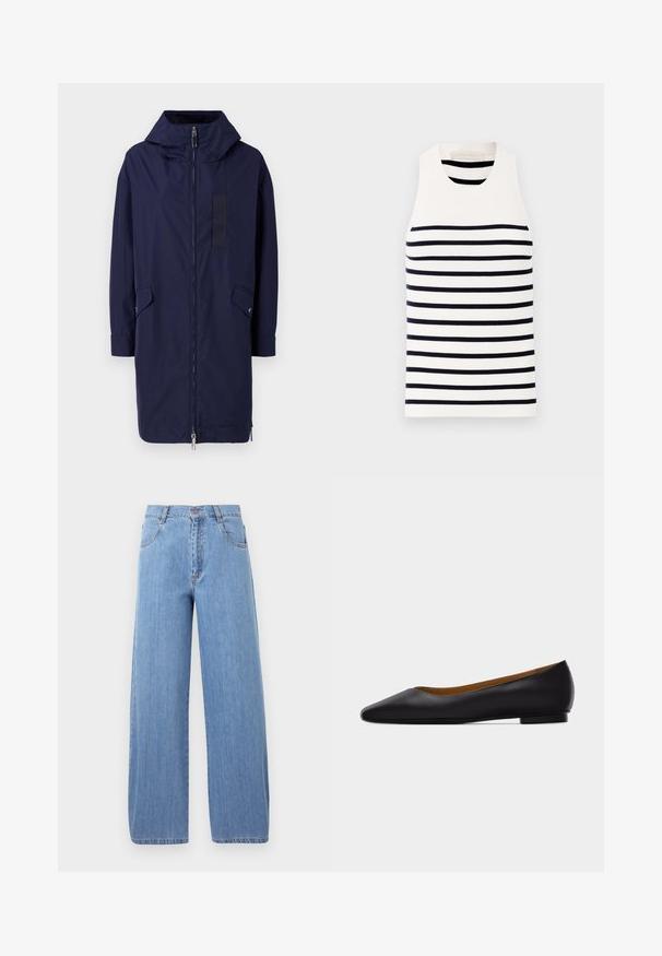 Imperméable bleu marine avec une capuche, fermeture éclair sur toute la longueur, poches latérales et un patch rectangulaire en velcro à l'avant. Fabriqué en matériau lisse et résistant à l'eau.; Vanessa Bruno EDEA - Débardeur - ecru/marine; Jeans en denim bleu clair à jambes larges, dotés d'une taille haute, de poches avant et de détails de couture subtils sur les coutures.; Chaussure plate en cuir noir à bout pointu avec talon bas et finition lisse, vue de côté sur un fond gris clair.