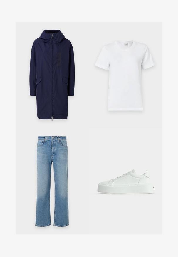Imperméable bleu marine avec une capuche, fermeture éclair sur toute la longueur, poches latérales et un patch rectangulaire en velcro à l'avant. Fabriqué en matériau lisse et résistant à l'eau.; T-shirt en coton blanc avec un col rond, des manches courtes, un ourlet droit et une texture lisse. Sans motifs ni accessoires supplémentaires.; Jean en denim bleu clair avec une coupe droite, doté d'une taille haute, de cinq poches et d'une finition classique légèrement délavée.; Baskets basses blanches en cuir texturé, semelle épaisse à plateforme et fermeture à lacets, vues de profil sur fond uni.