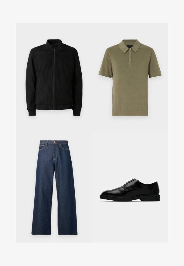 Veste bomber noire avec fermeture éclair, col et poignets côtelés, et texture lisse. Fabriquée dans un matériau durable et doux.; Polo-shirt olive vert à manches courtes, avec un col zippé, un tissu texturé et un ourlet droit. Design simple et épuré.; Jean à jambes larges en denim foncé avec surpiqûres orange, doté de cinq poches, d'une fermeture à boutons sur le devant et d'une silhouette droite.; Chaussure habillée en cuir noir avec une finition lisse, bout rond, système de laçage, et semelle en caoutchouc discrète pour une meilleure traction.