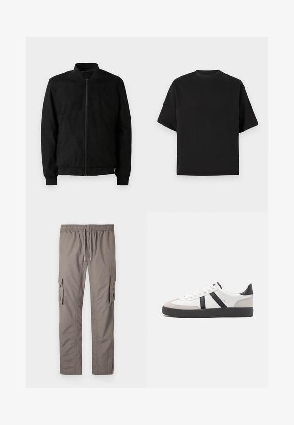 Veste bomber noire avec fermeture éclair, col et poignets côtelés, et texture lisse. Fabriquée dans un matériau durable et doux.; T-shirt noire à manches courtes au fit ample, fabriquée en coton lisse, avec un col rond et un design minimaliste.; Pantalons cargo gris avec une taille élastique et un cordon de serrage, deux poches cargo sur les côtés et un tissu lisse et léger.; Baskets blanches avec des accents noirs et gris, présentant un embout texturé gris, une semelle en caoutchouc noir et des lacets plats blancs. Design épuré, style minimaliste.