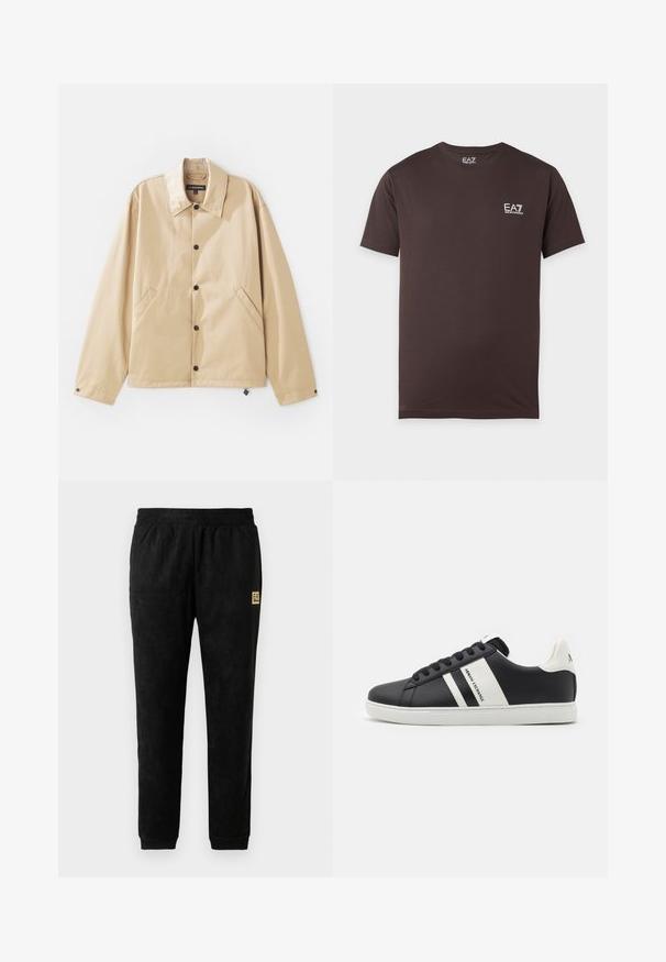 Lichte tan jack met een kraag, drukknopen, zijzakken en een gladde textuur. Beschikt over een merklabel aan de binnenkant.; Donkerbruine korte mouwen T-shirt met ronde hals en klein wit EA7 Emporio Armani-logo op de linkerborst.; Zwarte velours joggerbroek met elastische tailleband, manchetten aan de enkels, zijzakken en een klein beige EA7 Emporio Armani logo op de dij.; Zwarte leren sneakers met witte strepen en branding. Voorzien van een rubberen zool en textiele details op de tong, met vetersluiting. Klassiek ontwerp.