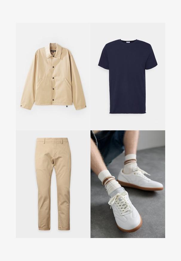 Beige leichte Jacke mit Kragen, Druckknopfverschluss, Seitentaschen und glatter Oberfläche. Mit einem Markenetikett innen.; Marineblaues T-Shirt mit kurzen Ärmeln aus weichem Stoff. Es hat einen Rundhalsausschnitt und einen geraden Schnitt ohne Muster oder Akzente.; Beige gerade geschnittene Hose mit Gürtelschlaufen, Frontreißverschluss und umgeschlagenen Säumen auf einfachem hellem Hintergrund.; Weiße Ledersneaker mit glatter Textur, grauen Wildlederelementen, beigen Gummisohlen und flachen Schnürsenkeln. Kombiniert mit cremefarbenen und braun gestreiften Socken.