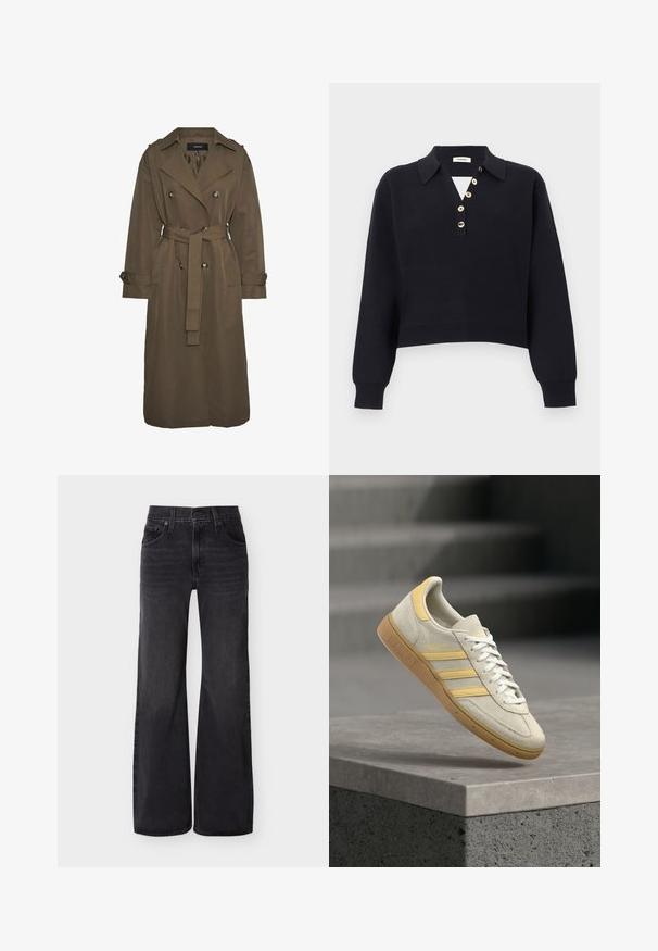 Vero Moda VMCHLOE - Trentšmantel - chocolate chip; Must värvitud pikade varrukatega kootud kampsun krae ja viie kaldus beeži nööbiga rinnal, soonilised varrukaääred ja ääris.; Mustad kõrge vöökohaga laiade säärtega teksapüksid esiküljel nööpide, lukust, vööaasade ja viie taskuga tavalise taustaga.; Beežist seemisnahast toss kollaste detailide, valgete paelte ja kolme kollase triibuga. Omab tekstuuriga kummist talla ja kuldse brändinguga.