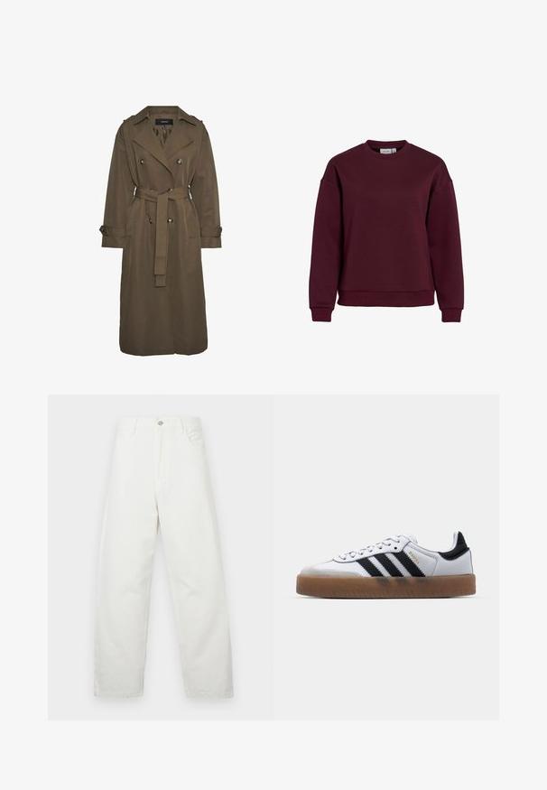 Vero Moda VMCHLOE - Trenchcoat - chocolate chip; VILA VISANDY L/S SWEAT TOP - NOOS - Sweatshirt - winetasting; Hvide jeans med brede ben lavet af bomuld, med et klassisk design med fem lommer og en metalknaplukning ved livet. Glat tekstur.; Hvide lædersneakers med sorte striber, gummirubber sål, rund tå, snørelukning og blød grå ruskinds tåhætte.