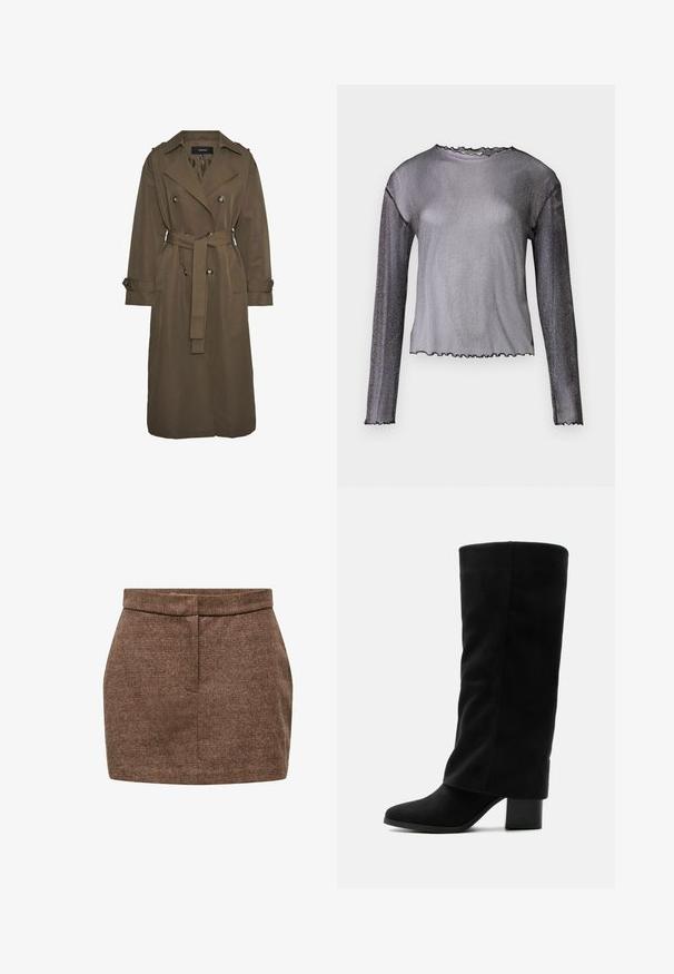 Vero Moda VMCHLOE - Trentšmantel - chocolate chip; Kergelt läikiv pikkade varrukatega peep-top hallide gradatsioonidega; omad scalloped kaelus ja ääred, mis annavad õrna viimistluse.; Prune tekstuuriga mini seelik, millel on sobiv disain, peen ruuduline muster ja puhas vöökoht ilma nähtavate sulgurateta või taskuteta.; Kõrge musta seemisnahast saabas ümmarguse varba ja plokktikandiga, nähtud küljelt valgel taustal.