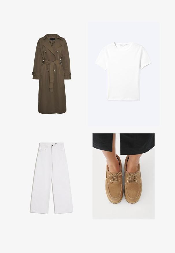 Vero Moda VMCHLOE - Trenchcoat - chocolate chip; Effen wit T-shirt met korte mouwen en ronde hals met een klein "WEEKDAY" label aan de binnenkant van de hals, plat neergelegd op een lichte achtergrond.; Witte denim jeans met een wijde pijp, voorzakken, riemlussen en een knoopsluiting in de taille.; Bruine suède schoenen met een afgeronde neus, voorzien van gestructureerde veters en gouden oogjes, geplaatst tegen een lichte achtergrond.