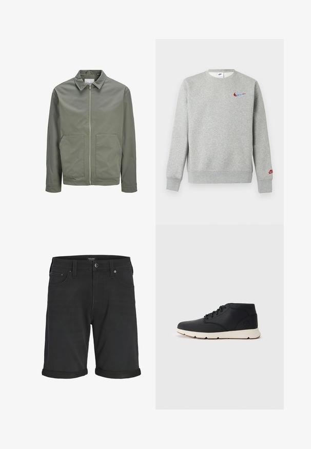 Jack & Jones JJWINSON WORKER - Kevyt takki - agave green; Vaaleanharmaa pyöreäkauluksinen collegepaita, jossa pienet punaiset ja siniset Nike-logot rinnassa ja vasemmassa hihassa, resorit hihansuissa ja helmassa.; Musta farkkushortsit, joissa on käännetyt lahkeet, edessä napitus, vyölenkit ja viisi taskua, esillä yksinkertaista valkoista taustaa vasten.; Musta nahkainen chukka-bootit, joissa on valkoinen kumipohja, pyöreät nauhat ja sivussa painettu logo kantapäässä. Tasainen pinta koko kengän ympäri.