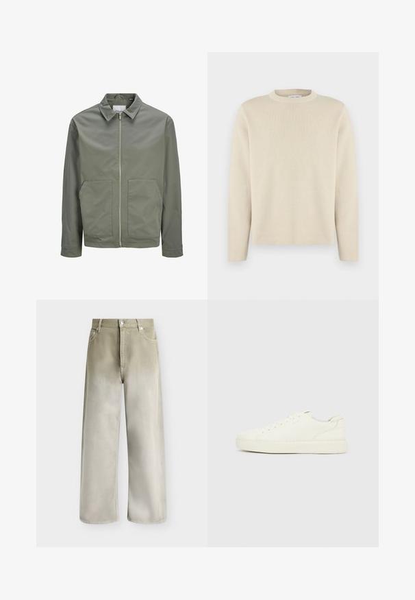 Jack & Jones JJWINSON WORKER - Καλοκαιρινό μπουφάν - agave green; Μπεζ μακρυμάνικη μπλούζα με στρογγυλή λαιμόκοψη και διακριτικό μικρό λογότυπο στο αριστερό στήθος, παρουσιάζεται σε απλό λευκό φόντο.; Μπεζ και ανοιχτόγκρι τζιν με φαρδιά πόδια, μπροστινές τσέπες, θηλιές για ζώνη και κλείσιμο με κουμπί.; Άσπρο χαμηλό αθλητικό παπούτσι με κορδόνια μπροστά, λείο πάνω μέρος από δέρμα και παχιά σόλα από καουτσούκ, εμφανιζόμενο από την εξωτερική πλευρά σε απλό φόντο.