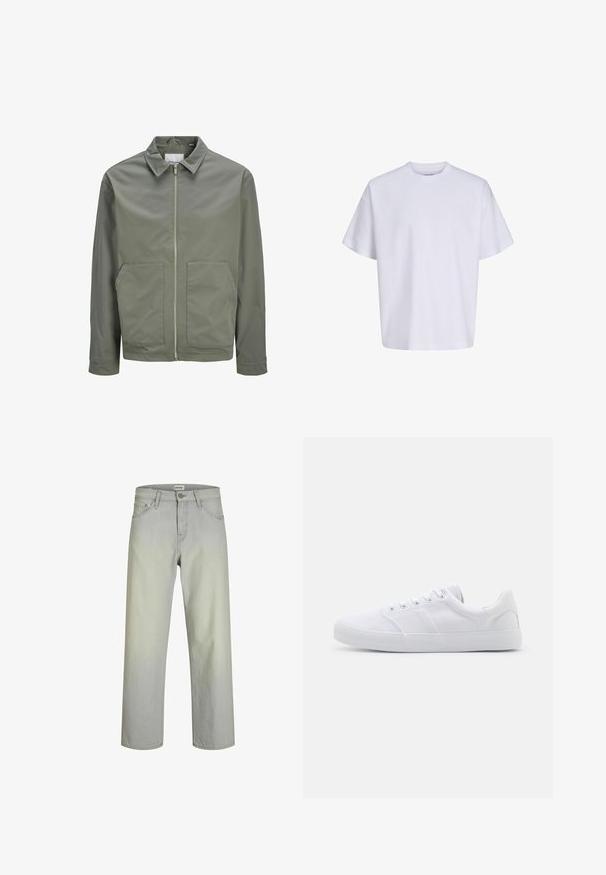 Jack & Jones JJWINSON WORKER - Καλοκαιρινό μπουφάν - agave green; Απλό λευκό κοντομάνικο oversize μπλουζάκι με στρογγυλή λαιμόκοψη και άνετη εφαρμογή σε λευκό φόντο.; Ανοιχτό γκρι, ευθεία παντελόνια τζιν με κλασικό σχέδιο πέντε τσεπών, κούμπωμα με κουμπί και θηλιές ζώνης. Κατασκευασμένα από ύφασμα τζιν με λεία υφή.; Λευκά καμβά παπούτσια με καουτσούκ σόλα, που διαθέτουν έξι τρυπίτσες, υφηλό καπάκι ποδιού και μινιμαλιστικό σχέδιο.