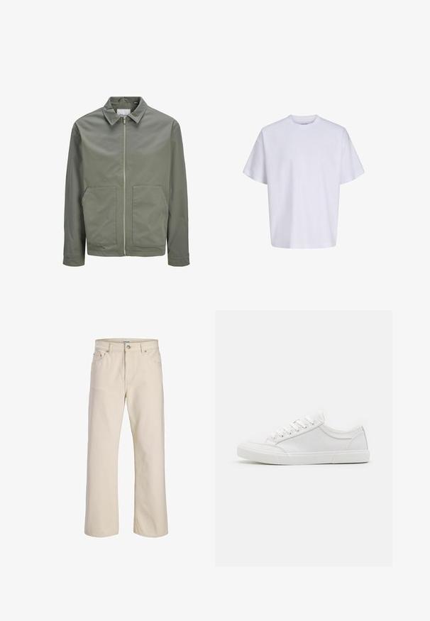 Jack & Jones JJWINSON WORKER - Καλοκαιρινό μπουφάν - agave green; Απλό λευκό κοντομάνικο oversize μπλουζάκι με στρογγυλή λαιμόκοψη και άνετη εφαρμογή σε λευκό φόντο.; Τζιν σε κρεμ απόχρωση με ίσια γραμμή, πέντε τσέπες και κλείσιμο με κουμπί, με ετικέτα Jack & Jones στη μέση.; Λευκά αθλητικά παπούτσια με λείο δερμάτινο επάνω μέρος, στρογγυλή μύτη, επίπεδη καουτσούκ σόλα και έξι οπές για κορδόνια. Διακριτές ραφές, μίνιμαλ σχεδίαση.