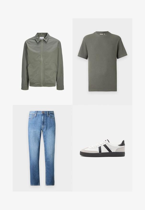 Jack & Jones JJWINSON WORKER - Καλοκαιρινό μπουφάν - agave green; Κοντομάνικη ελαφρώς υφασμένη μπλούζα ελιάς με στρογγυλή λαιμόκοψη και ίσιο τελείωμα, επίπεδα σε λευκό φόντο.; Φωτεινό γαλάζιο τζιν με ίσια γραμμή, σχεδιασμό με πέντε τσέπες και ζώνη μέσης με κουμπί και φερμουάρ. Λεπτή υφή.; Λευκό αθλητικό παπούτσι με μαύρες και γκρί λεπτομέρειες, featuring ένα υφή γκρί καλύμμα δαχτύλου, μαύρη καουτσούκ σόλα και επίπεδες λευκές κορδόνες. Καθαρός σχεδιασμός, μινιμαλιστικό στυλ.