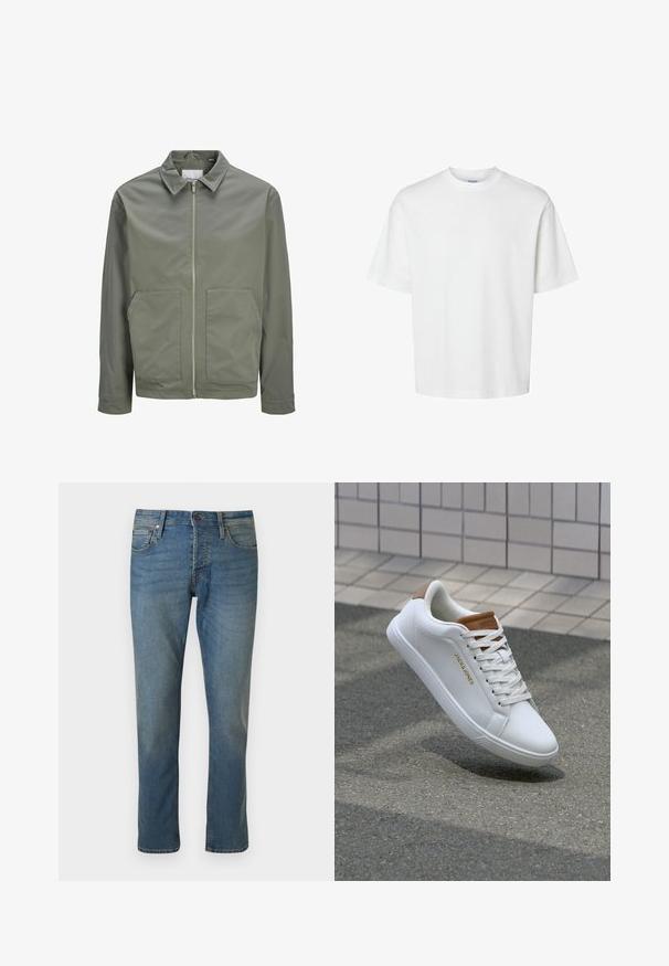 Jack & Jones JJWINSON WORKER - Καλοκαιρινό μπουφάν - agave green; Απλό λευκό κοντομάνικο μπλουζάκι με στρογγυλή λαιμόκοψη και άνετη εφαρμογή, εμφανιζόμενο σε λευκό φόντο.; Τζιν μπλε με ίσια γραμμή, εμπρός τσέπες, θηλιές για ζώνη και κούμπωμα με κουμπί σε απλό φόντο.; Λευκά δερμάτινα πάνινα παπούτσια με λείο υφή, καφέ λεπτομέρεια στη φτέρνα, χρυσό λογότυπο στο πλάι και ρύθμιση λάστιχου με υφή.