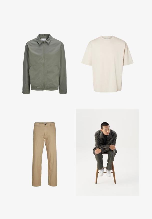 Jack & Jones JJWINSON WORKER - Καλοκαιρινό μπουφάν - agave green; Απλό μπεζ βαμβακερό oversized κοντομάνικο t-shirt με στρογγυλή λαιμόκοψη, απλωμένο επίπεδα σε λευκό φόντο.; Μπεζ παντελόνια με ίσια γραμμή, κλείσιμο με κουμπιά, θηλιές για ζώνη και μπροστινές τσέπες, παρουσιασμένα σε λευκό φόντο.; Νέος άνδρας με σκούρο δερμάτινο μπουφάν και τζιν κάθεται σε ξύλινο σκαμπό, σκύβει μπροστά με σταυρωμένα τα χέρια και κοιτάζει πλάγια σε λευκό φόντο.