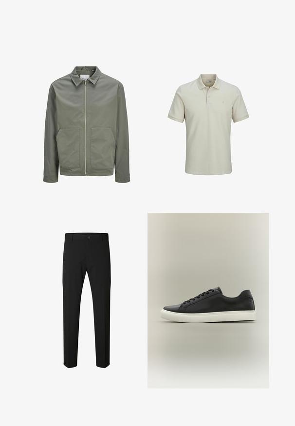 Jack & Jones JJWINSON WORKER - Καλοκαιρινό μπουφάν - agave green; Μπεζ polo μπλούζα κοντομάνικη από υφασμένο υλικό με υφή. Διαθέτει κλείσιμο με δύο κουμπιά και μικρό λογότυπο στο αριστερό στήθος.; Μαύρο παντελόνι slim-fit με κούμπωμα κουμπιού και φερμουάρ, θηλιές για ζώνη και ίσια πόδια σε λευκό φόντο.; Μαύρο χαμηλό αθλητικό παπούτσι με λευκή λαστιχένια σόλα και μαύρα κορδόνια, εμφανιζόμενο σε πλευρικό προφίλ πάνω σε ουδέτερο φόντο.