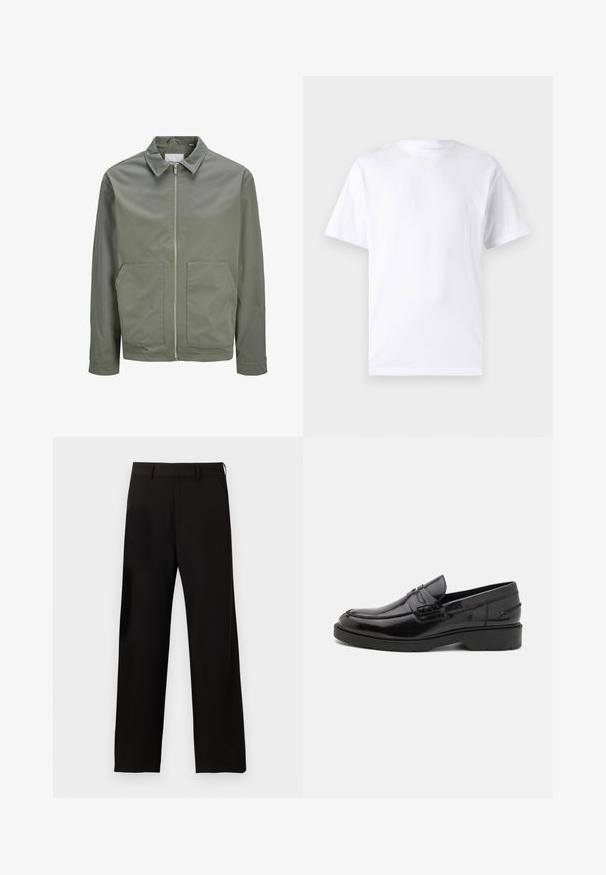 Jack & Jones JJWINSON WORKER - Καλοκαιρινό μπουφάν - agave green; Λευκό κοντομάνικο μπλουζάκι από βαμβάκι με στρογγυλή λαιμόκοψη, διαθέτοντας λεία υφή και απλό σχέδιο χωρίς μοτίβα ή διακοσμήσεις.; Μαύρο παντελόνι με ίσια γραμμή, θηλιές για ζώνη και πλαϊνές τσέπες σε απλό λευκό φόντο.; Μαύρα δερμάτινα loafers με λεία επιφάνεια, στρογγυλή μύτη, χαμηλό τακούνι και διακοσμητικό ράψιμο μπροστά. Εξωτερική σόλα από καουτσούκ για πρόσφυση.