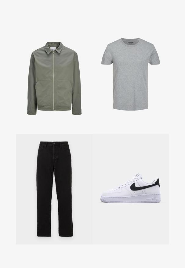 Jack & Jones JJWINSON WORKER - Καλοκαιρινό μπουφάν - agave green; Γκρι κοντομάνικο μπλουζάκι φτιαγμένο από μαλακό βαμβάκι. Διαθέτει κλασικό στρογγυλό λαιμό και κανονική εφαρμογή. Απλός σχεδιασμός χωρίς μοτίβα ή λεπτομέρειες.; Μαύρα τζιν με ίσια γραμμή, διαθέτοντας κλείσιμο με κουμπί, θήκες για ζώνη και κλασικό σχεδιασμό με πέντε τσέπες.; Λευκό δερμάτινο αθλητικό παπούτσι με υφή μαύρου Swoosh, επίπεδα κορδόνια και καουτσούκ σόλα με ραβδωτό σχέδιο. Η λέξη "AIR" είναι ανάγλυφη στην φτέρνα.