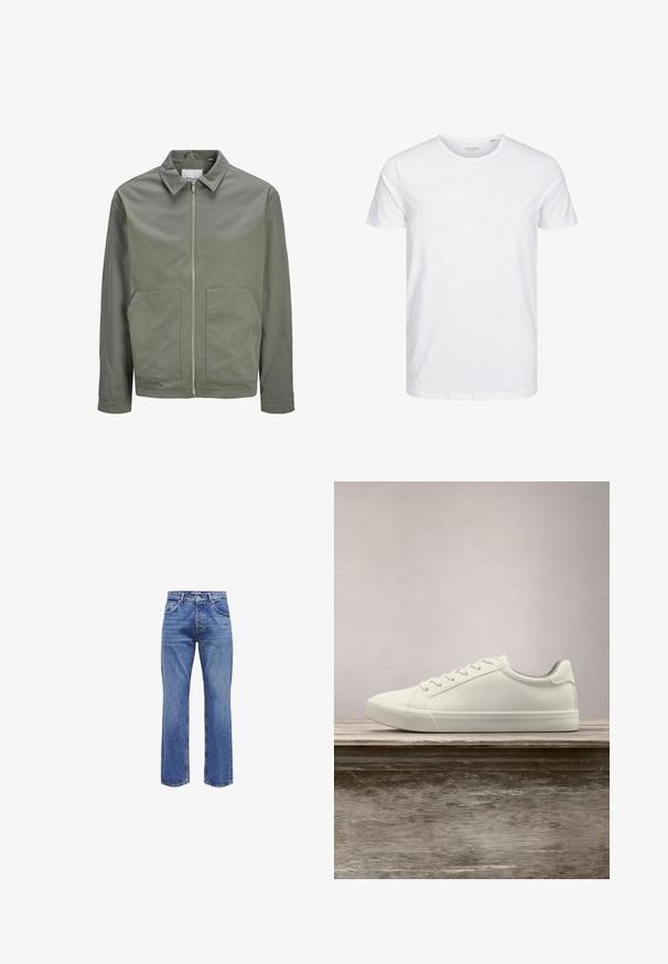 Jack & Jones JJWINSON WORKER - Καλοκαιρινό μπουφάν - agave green; Μπλούζα κοντομάνικη με στρογγυλή λαιμόκοψη σε λευκό χρώμα, φτιαγμένη από απαλό βαμβάκι, διαθέτει απλό σχέδιο χωρίς ορατά μοτίβα ή διακοσμητικά.; Μπλε τζιν παντελόνι με σχέδιο ίσιου ποδιού, που διαθέτει ψηλή μέση, πέντε τσέπες και φθαρμένες λεπτομέρειες στο τελείωμα. Κλασική υφή μπλε πλύσης.; Λευκά sneakers με κορδόνια που αιωρούνται πάνω από ξύλινο παγκάκι με πράσινη βλάστηση στο φόντο, επιδεικνύοντας το σχέδιο και την υφή του παπουτσιού.