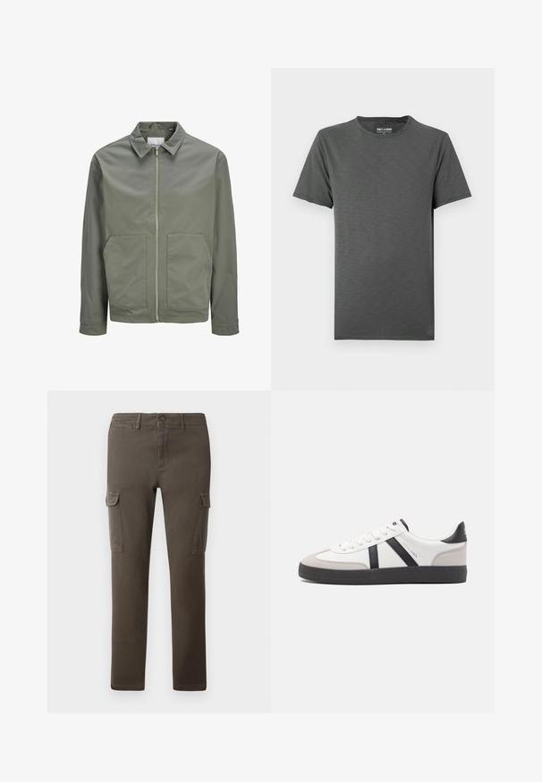 Jack & Jones JJWINSON WORKER - Καλοκαιρινό μπουφάν - agave green; Σκούρο γκρι κοντομάνικο T-shirt με στρογγυλή λαιμόκοψη και λεπτή υφή heather, απλωμένο επίπεδα σε φωτεινό φόντο.; Jack & Jones Cargo Tapered Fit - Παντελόνι cargo - beluga; Λευκό αθλητικό παπούτσι με μαύρες και γκρί λεπτομέρειες, featuring ένα υφή γκρί καλύμμα δαχτύλου, μαύρη καουτσούκ σόλα και επίπεδες λευκές κορδόνες. Καθαρός σχεδιασμός, μινιμαλιστικό στυλ.