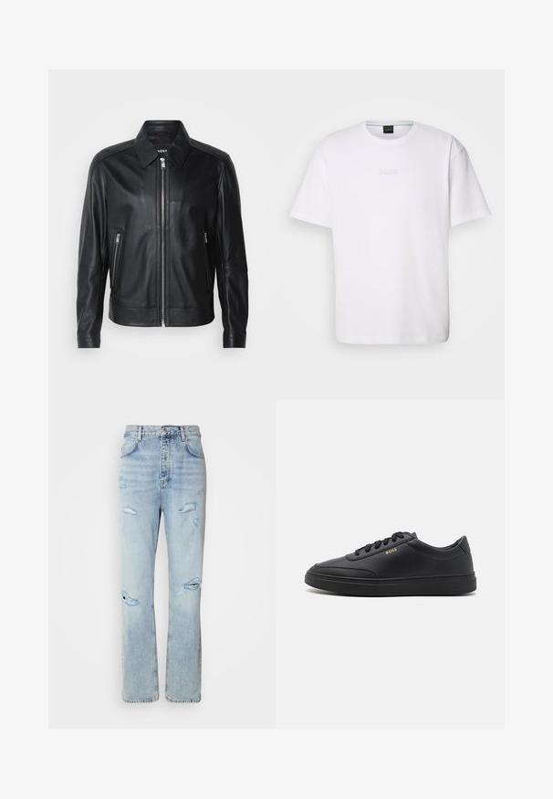 Schwarze Lederjacke mit Kragen, vorderem Reißverschluss, zwei seitlichen Reißverschlusstaschen und strukturierten Schultern. Glatte Textur im gesamten Bereich.; Weißes Baumwoll-T-Shirt mit kurzen Ärmeln, rundem Ausschnitt und geprägtem "BOSS"-Logo auf der Brust. Glatte Textur, normale Passform.; Hellblaue Jeans mit legerer Passform, featuring distressed Stellen und fransigen Kanten. Der Stoff hat eine weiche, glatte Textur.; Schwarze Leder-Sneaker mit glatter Textur, runder Zehenpartie, flacher Gummisohle und einfarbigen Schnürsenkeln. Mit goldfarbenem "BOSS" Logo an der Seite.