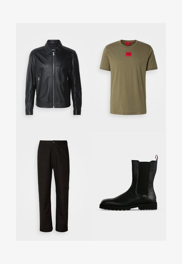 Zwarte leren jas met een kraag, vooraan met een rits, twee steekzakken met rits aan de zijkanten en gestructureerde schouders. Glad oppervlak overal.; Olijfgroene katoenen t-shirt met een ronde halslijn, korte mouwen en een rode vierkante logo-patch op de borst. Soepele textuur.; Zwarte katoenen broek met een rechte snit, riemlussen, een ritssluiting aan de voorkant en een enkele knoopsluiting. Soepele textuur zonder zichtbare patronen.; Zwarte leren enkellaars met elastisch zijpaneel, dikke zool en treklus aan de achterkant, met een klein gouden "Hugo" logo vlak bij de hiel.