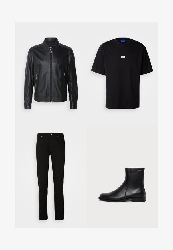 Schwarze Lederjacke mit Kragen, vorderem Reißverschluss, zwei seitlichen Reißverschlusstaschen und strukturierten Schultern. Glatte Textur im gesamten Bereich.; Schwarzes Baumwoll-T-Shirt mit Rundhalsausschnitt, kurzen Ärmeln und einem weißen rechteckigen "HUGO"-Logo auf der Brust. Glatte Textur, lockere Passform.; Schwarze Denim-Hose im Slim-Fit, mit Reißverschluss und Five-Pocket-Design. Gleiche Textur und robuste Nahtdetails.; Schwarzer Leder-Stiefelette mit niedrigem Absatz, seitlichem Reißverschluss und kleinem "HUGO"-Logo nahe dem oberen Rand auf hellem einfarbigem Hintergrund.